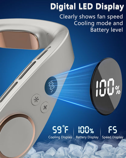 FWV Neck Fan with Cooling Plate, Quiet 30dB, 3-24Hrs Cooling,5500mAh Battery,LED Display Necklace AC Cooler, USB Bladeless Portable Personal Wearable Fans that Blow Cold Air for Men Women Kids Black