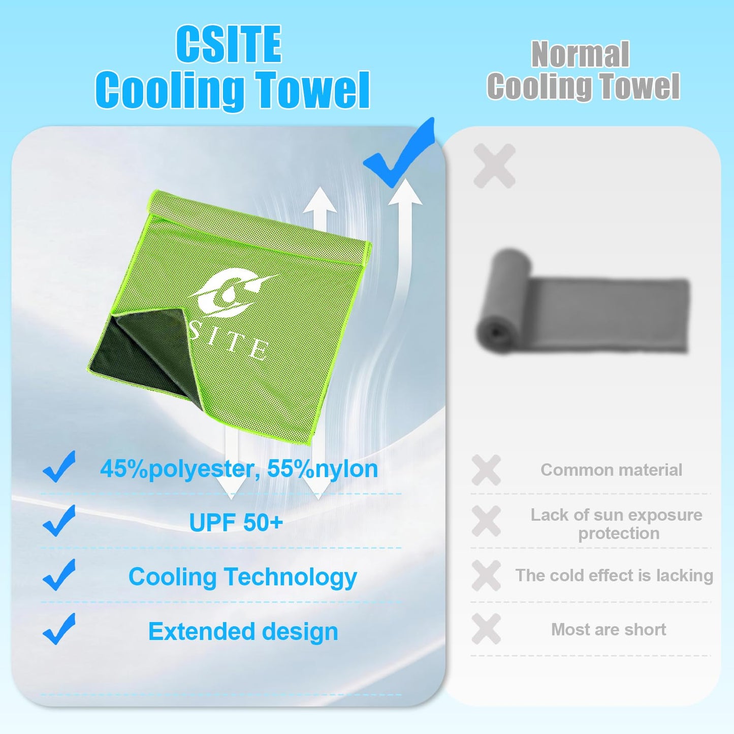 CSITE Cooling Towels (47"x12") for Neck and Face, Ice Towel for Hot Weather, Soft Breathable Chilly Gym Towels, Microfiber Towel for Work Out, Yoga, Running, Camping & More Activities（Green）