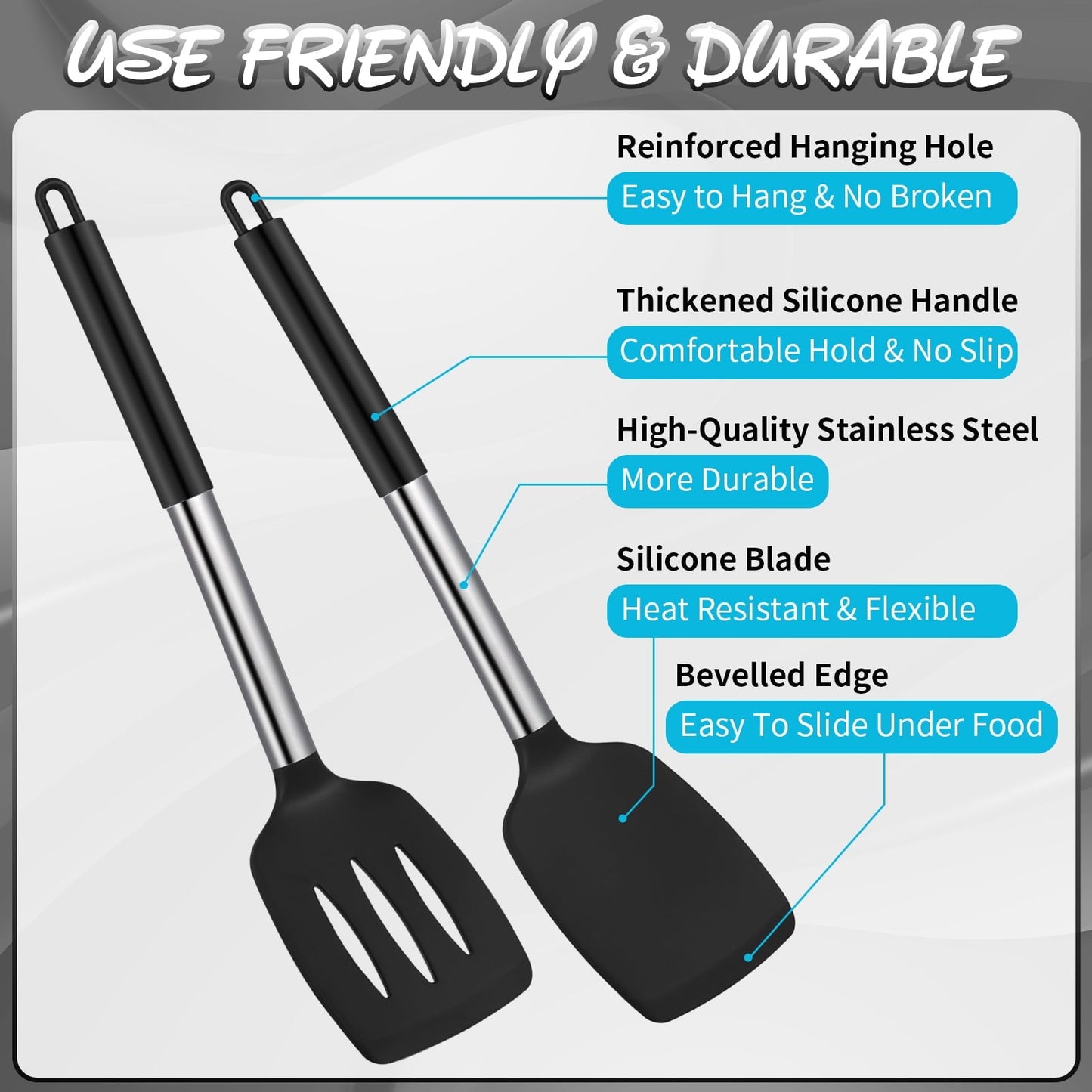 Non-Stick Safe Silicone Cooking Spatulas and Spoons, 4 Pack Heat Resistant Silicone Cooking Utensils Set, Non-stick Large Ki... - Heat-Resistant Silicone Cooking Spatula Turner Detail