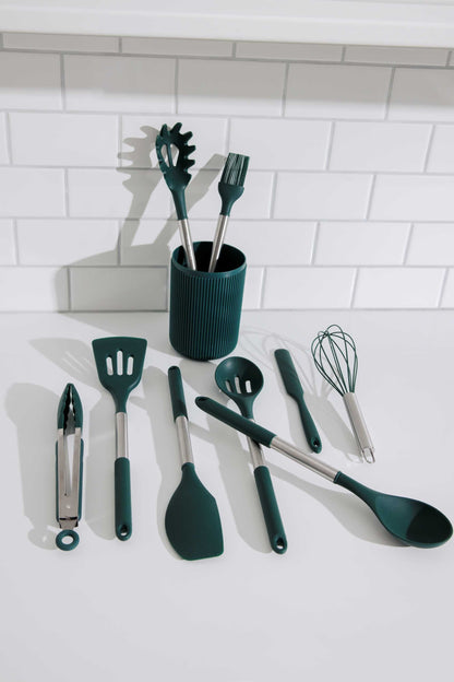 Ergonomic Cooking 10-Piece Silicone Gadget Set - Green - Premium Stainless Steel Cooking Utensil for Non-Stick Pots Detail