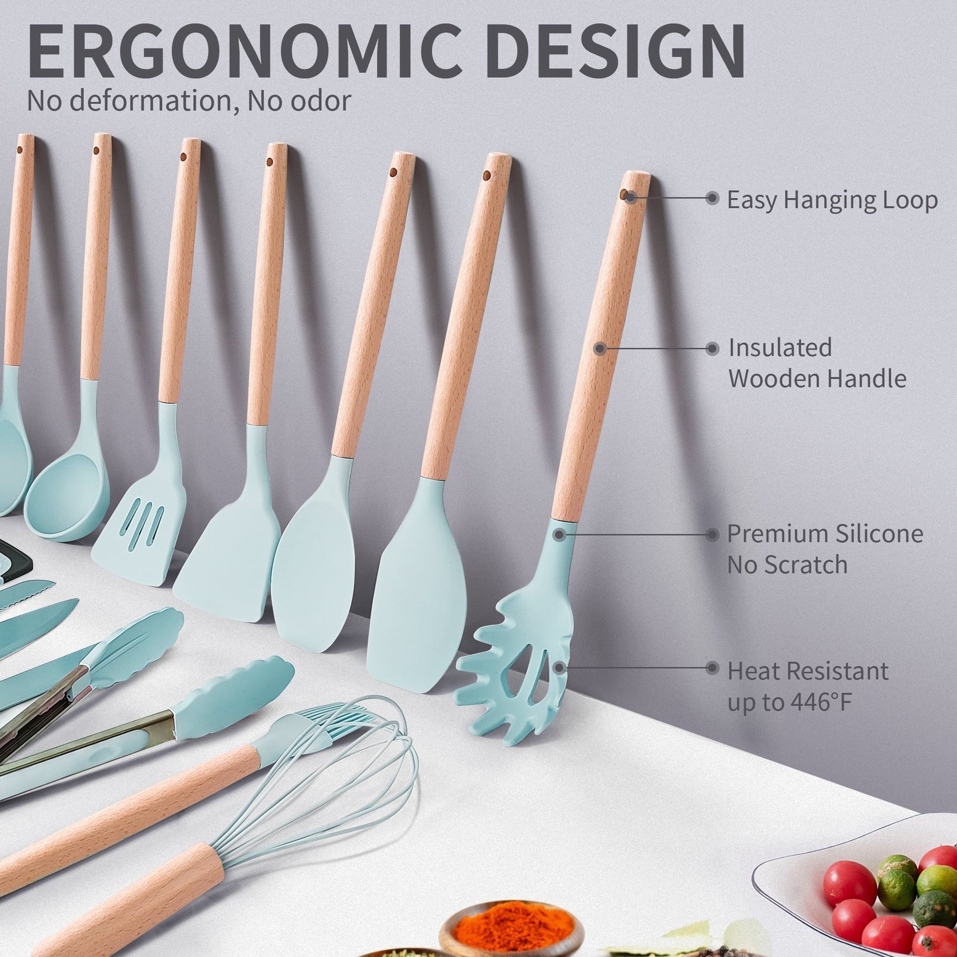 Heavy Duty Silicone Kitchen Cooking Utensils Set, 19 Pieces Utensil with Holder, Heat Resistant, Green - High-Precision Culinary Tool for Baking & Cooking Detail