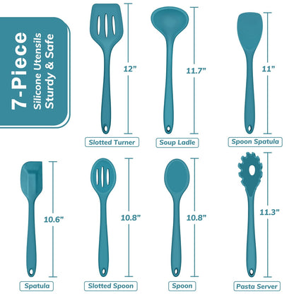 Professional Grade 7-Piece Silicone Cooking Utensils Set, Blue Kitchen Utensils, Non-stick Gadgets Tools Include Slotted Turner, Soup La... - High-Precision Culinary Tool for Baking & Cooking Detail