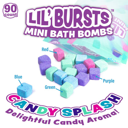 Tub Works® Lil' Bursts™ Mini Bath Bombs for Kids, 90 Count, Rainbow | Nontoxic | Tiny Kids Bath Bombs with A Burst of Color, Foam & Bubbles | Customize Toddler Bath with 7 Colors | Make Bathtub Art