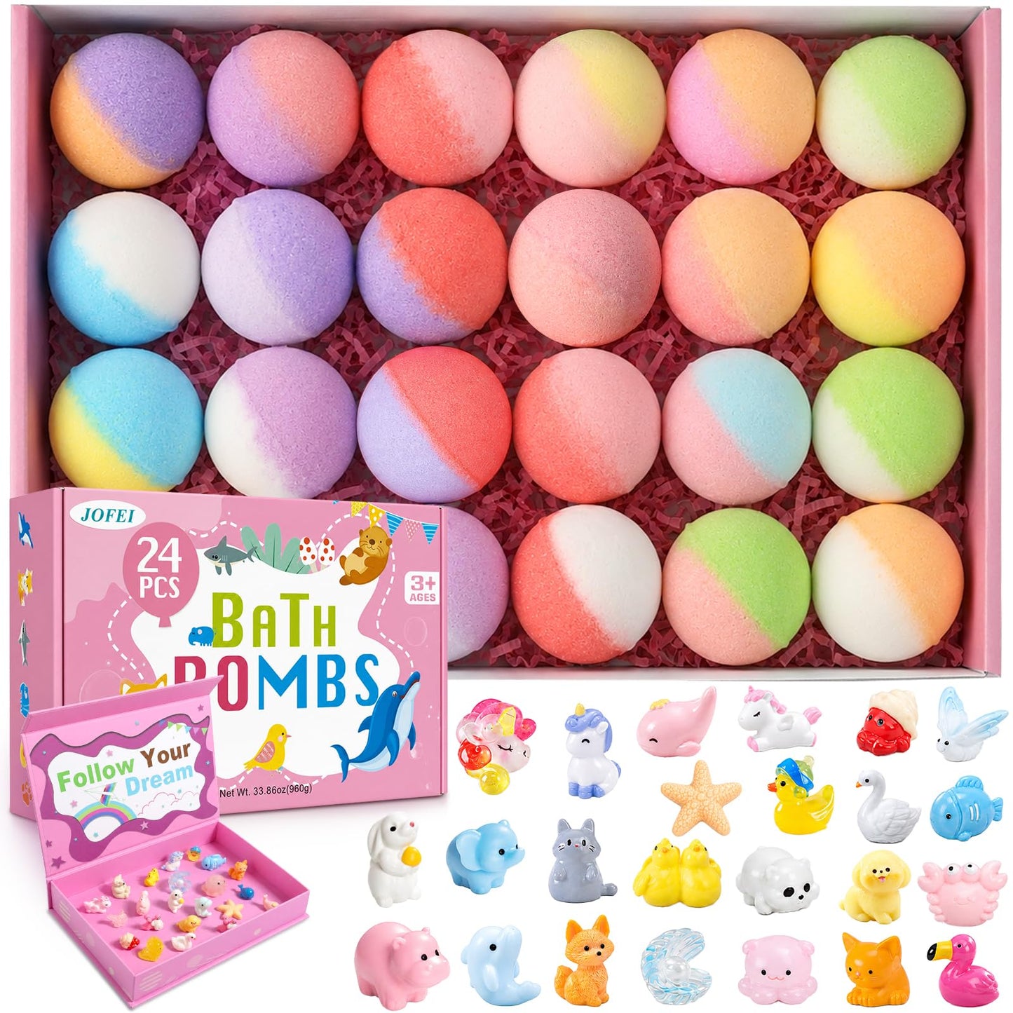 Bath Bombs for Kids with Surprise Inside, 24 Pack Kids Bath Bombs with Toys Inside Gift Set, Kid Bubble Bath Fizzy for Girls Boys with Bath Toys (Classic Edition)