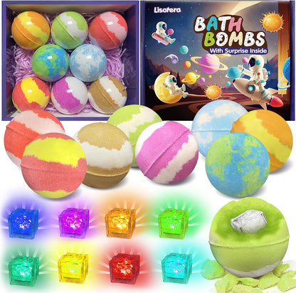 Bath Bombs for Kids with Toys Inside, 8 Light up Bath Bomb of Solar System Set, Planet Bath Bomb with Surprise Inside, Kid-Friendly Bubble Bath Fizzies Gifts for Boys Girls