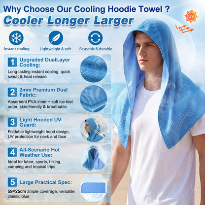Upgraded PVA Cooling Hoodie Towels -UPF 50+ Sun Proteciton Instant Cooling Towel for Neck & Face,Sweat-Absorbent Ice Towel for Hot Weather, Sports, Camping, Cycling & Outdoor Activities (Blue)