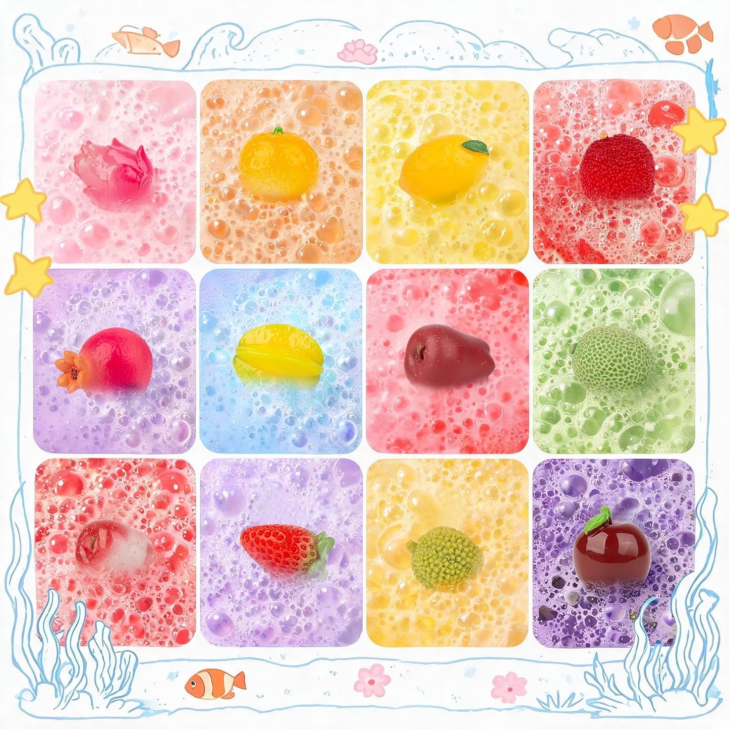 Bath Bombs for Kids with Toys Inside, 12 Pack Kids Bath Bombs with Fruit Food Toys, Surprise Colorful Bubble Spa Fizzies Ball with Bath Toys, Christmas Birthday Gifts for Girls & Boys