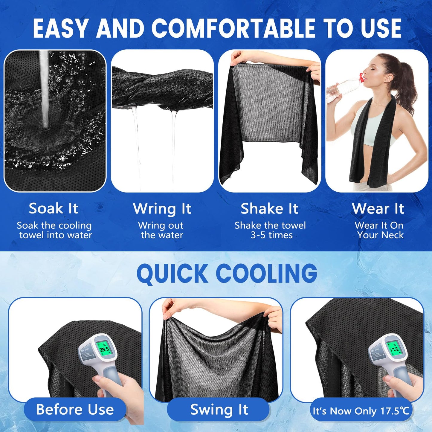 Hosuly 6 Pack Cooling Towels 40"x12" Ice Towel Cooling Neck Wraps Soft Breathable Chilly Stay Cool in Summer for Sports Yoga Golf Gym Activities(Black)