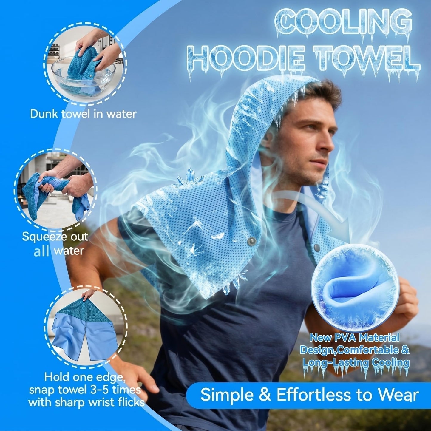 Upgraded PVA Cooling Hoodie Towels -UPF 50+ Sun Proteciton Instant Cooling Towel for Neck & Face,Sweat-Absorbent Ice Towel for Hot Weather, Sports, Camping, Cycling & Outdoor Activities (Blue)