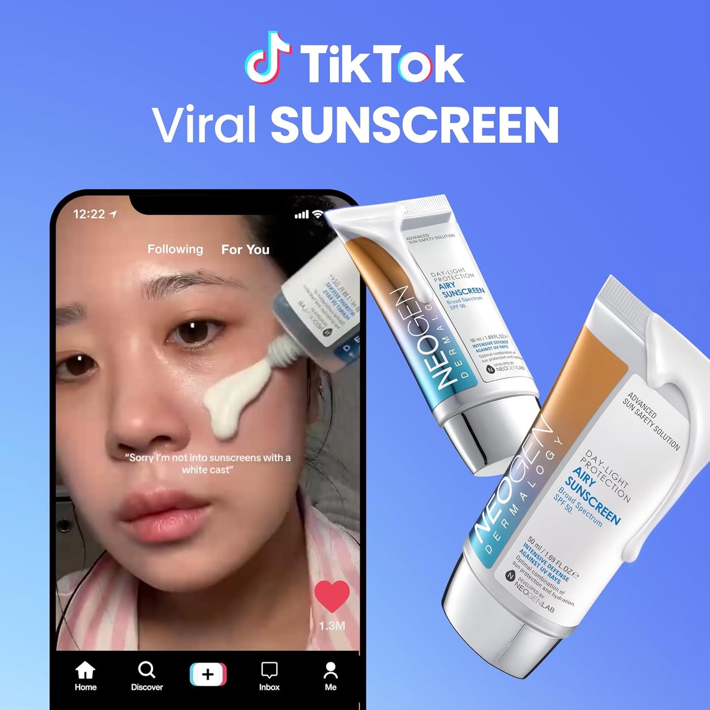 Neogen Day-Light Protection Airy Sunscreen SPF 50, 1.69 fl oz | Broad-spectrum UVA/UVB with hyaluronic acid and oil control; non-greasy, semi-matte finish for oily, combination skin