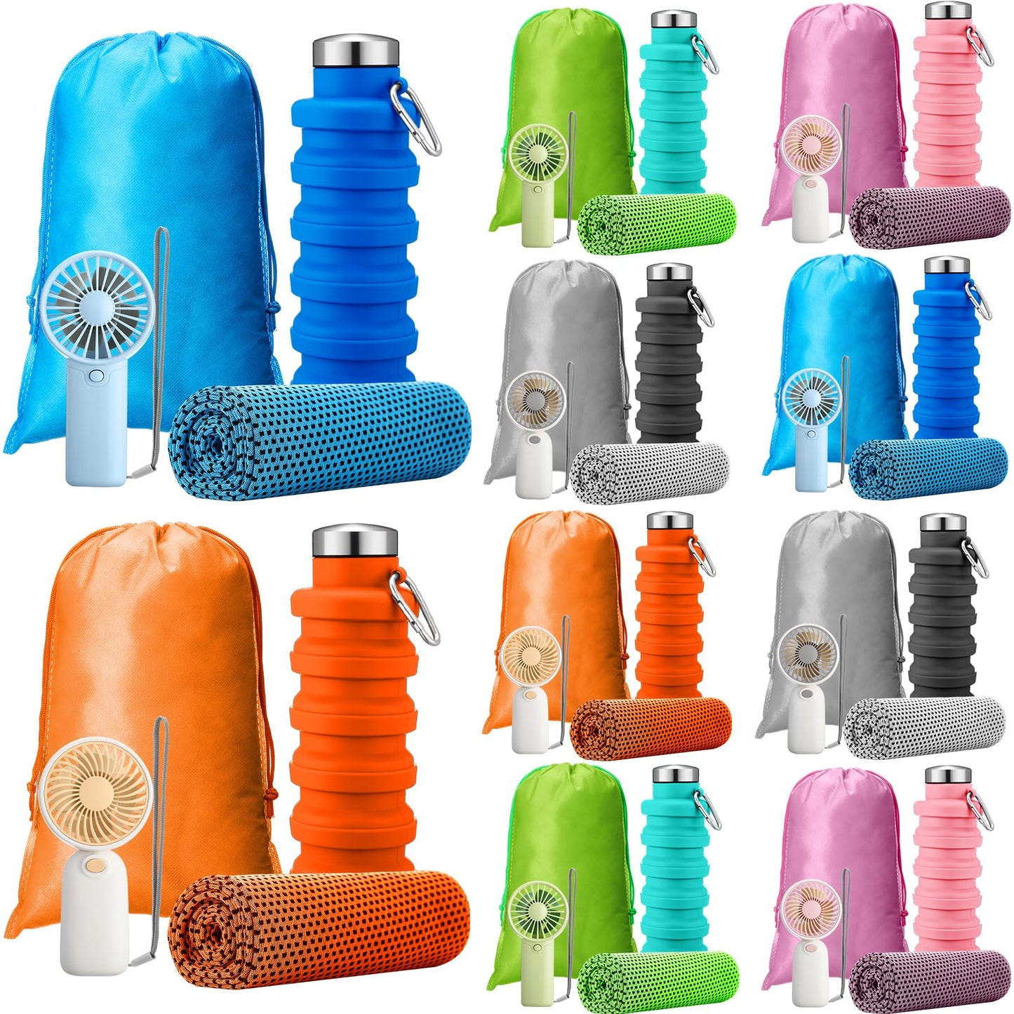 24 Set Theme Park Necessities Cruise Ship Accessory Kit Collapsible Water Bottle Cooling Towel Fan Drawstring Bag for Summer Amusement Park Outdoor Team Travel Cruise Gift Fitness Sport Favor