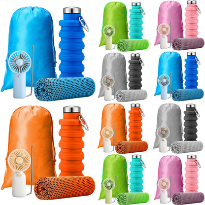 24 Set Theme Park Necessities Cruise Ship Accessory Kit Collapsible Water Bottle Cooling Towel Fan Drawstring Bag for Summer Amusement Park Outdoor Team Travel Cruise Gift Fitness Sport Favor