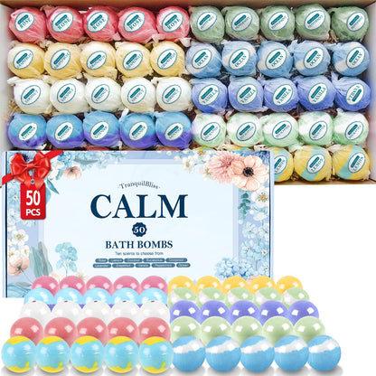 TranquilBliss Bath Bombs Set 50 PCS with 10 Rich Scents, Bath Bombs for Women, Natural Bubble Bombs with Shea Butter & Safe Oil, Ideal for Mother's Day, Valentine's Day, Christmas, Birthday Present
