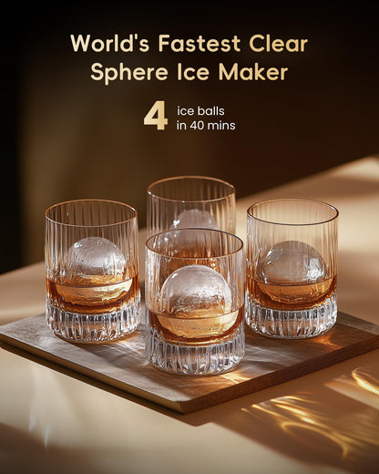 ecozy 2" Clear Ice Ball Maker Countertop with CrystalFlux Technology, 4 pcs in 40 Mins, 144 pcs/Day, Sphere Ice Maker with Automatic Water Supply, Self-Cleaning, Enhanced Insulation for Whiskey Bar