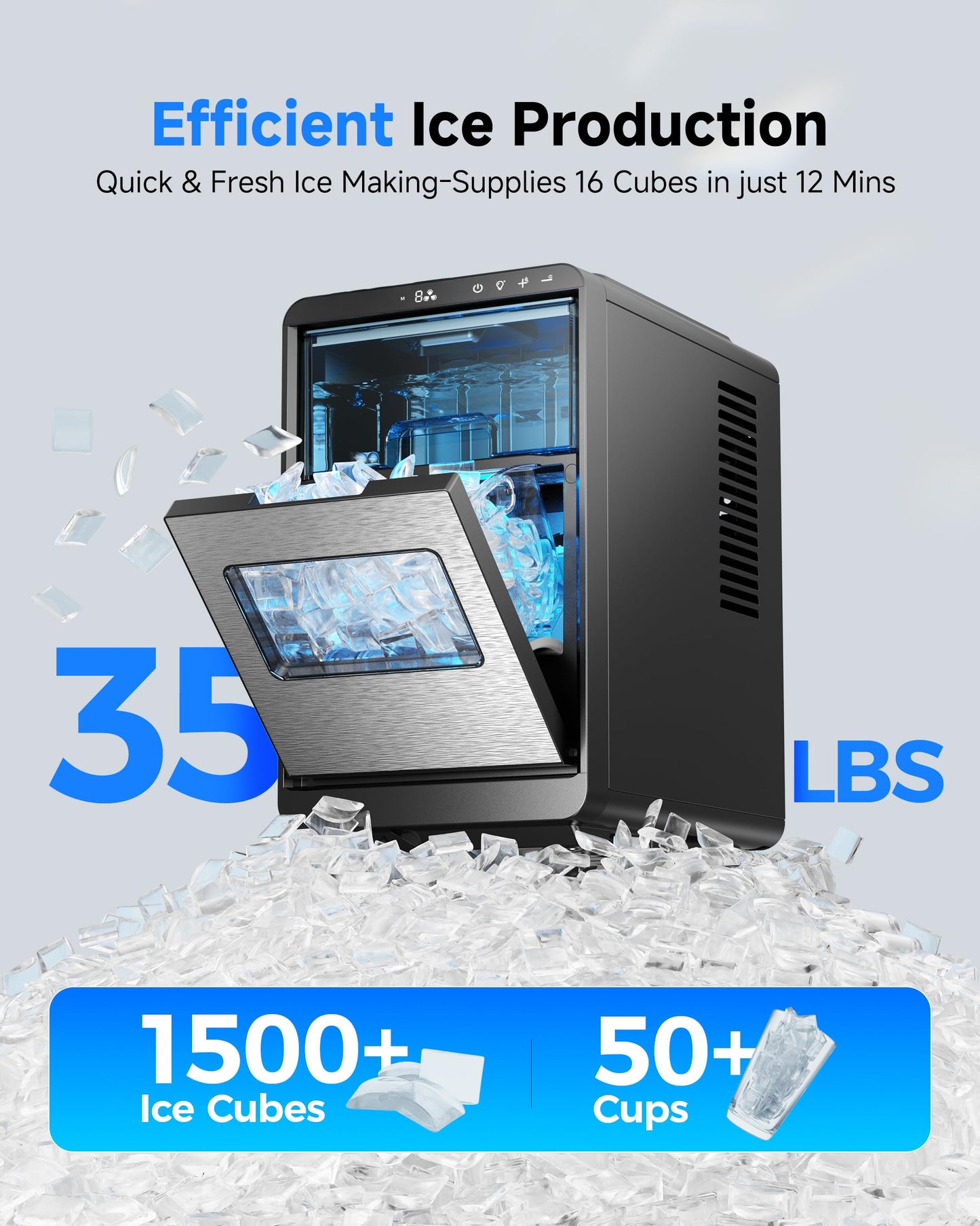 Crescent Ice Maker Countertop, 35Lbs/24H, Clear Ice Maker with Self-Cleaning & Timer, 16 Crystal-Clear Ice in 12 Mins, Countertop Ice Makers for Home, Office or Party