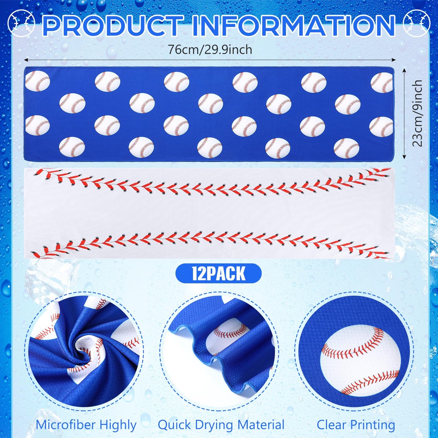 Remagr 12 Pcs Baseball Cooling Towels 30" x 9" Quick Dry Microfiber Sweat Towels for Workout, Gym, Running, Baseball Teams Sports Fans Party Favors Gifts