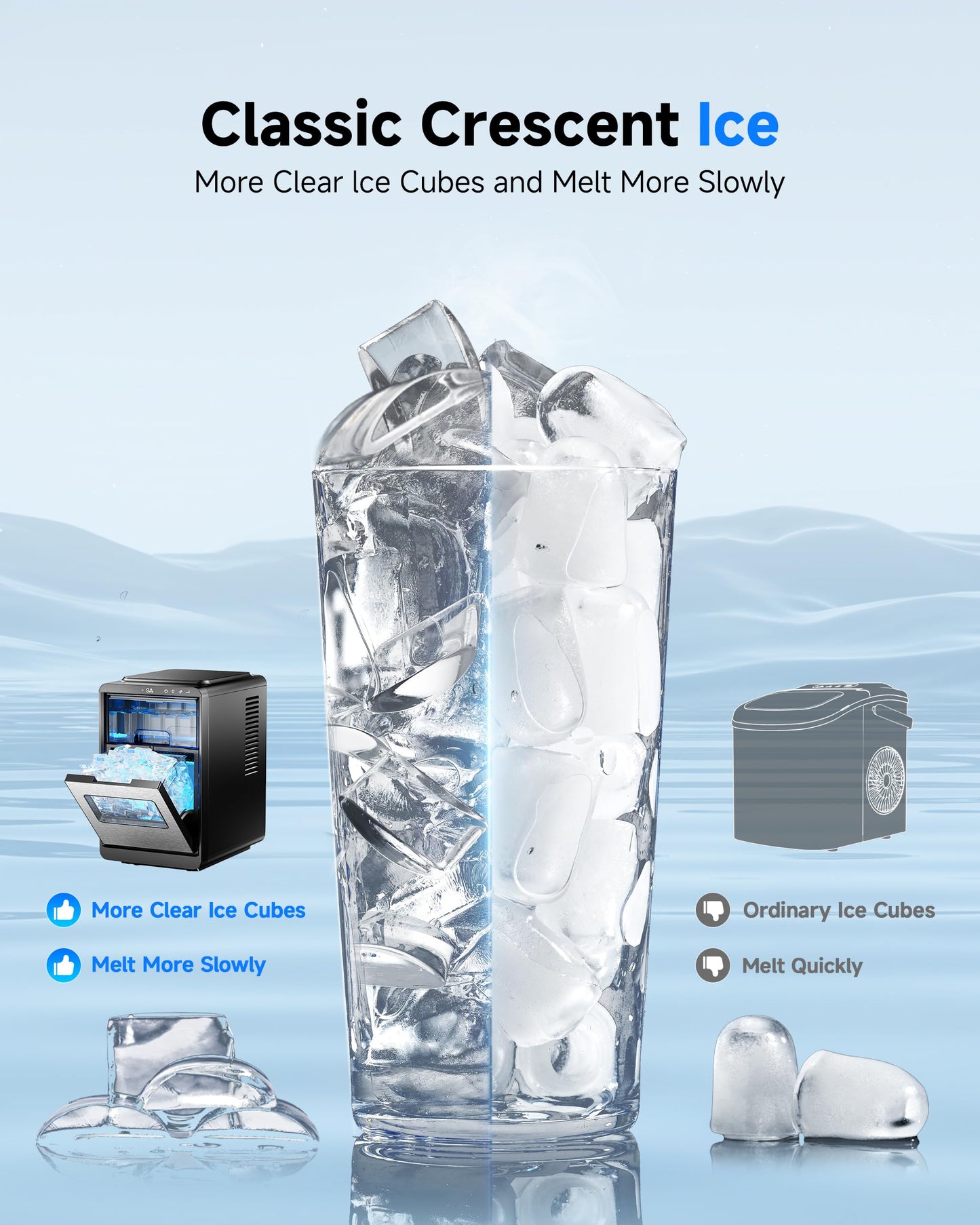 Crescent Ice Maker Countertop, 35Lbs/24H, Clear Ice Maker with Self-Cleaning & Timer, 16 Crystal-Clear Ice in 12 Mins, Countertop Ice Makers for Home, Office or Party