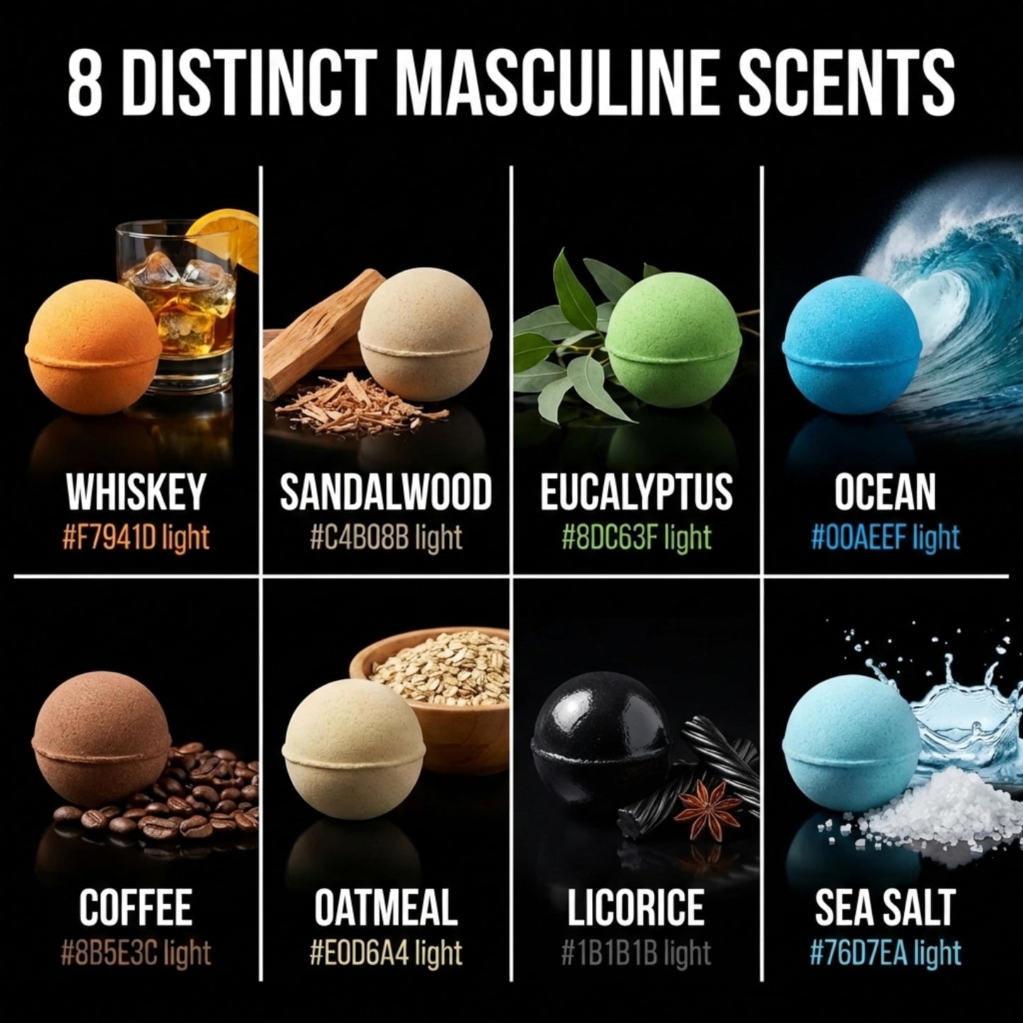 Bath Bombs for Men, Gift Set of 8 Scented Organic Handmade Bath Bombs of 2.5 oz with Natural Essential Oils for Boyfriend, Husband, Father or Friend, by ZenseMe