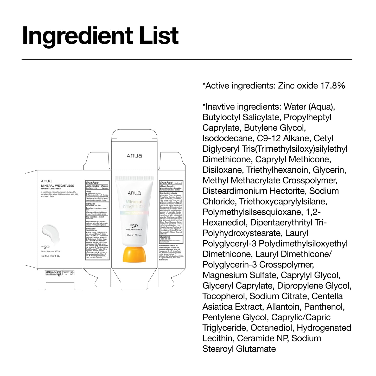 Anua Mineral Weightless Finish Sunscreen SPF 50, Broad Spectrum, Zinc-Based for Sensitive Skin, Lightweight Hydrating Lotion Texture, Under Makeup, Korean Skincare, 1.69 fl oz