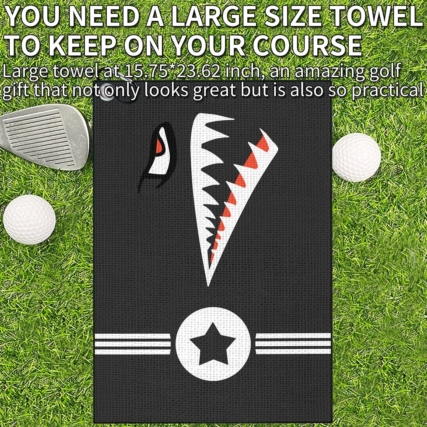 Shark Face Golf Towel, Black Microfiber Waffle Pattern Golf Club Cleaning Towel with Carabiner Clip, Cool Military Star Design Golf Towel for Golf Bags