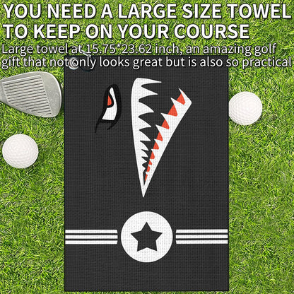 Shark Face Golf Towel, Black Microfiber Waffle Pattern Golf Club Cleaning Towel with Carabiner Clip, Cool Military Star Design Golf Towel for Golf Bags
