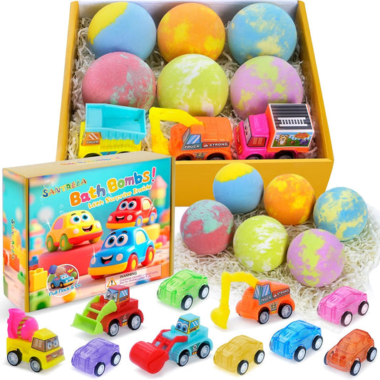 Bath Bombs for Kids with Surprise Toys Inside, 6 Pack Bath Bombs Gift Set with Pull-Back Vehicles Cars, Fun and Bright Colors Bubble Set, Car Bath Toys for Boys Girls Birthday, Christmas
