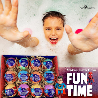Superhero Bath Bombs for Kids with Surprise Toys Inside (6 Pack) - Large Bubble Bomb Fizzies for Boys, Girls, & Toddlers - Birthday Gift for Kids - Fruity Scent, USA Made by Two Sisters