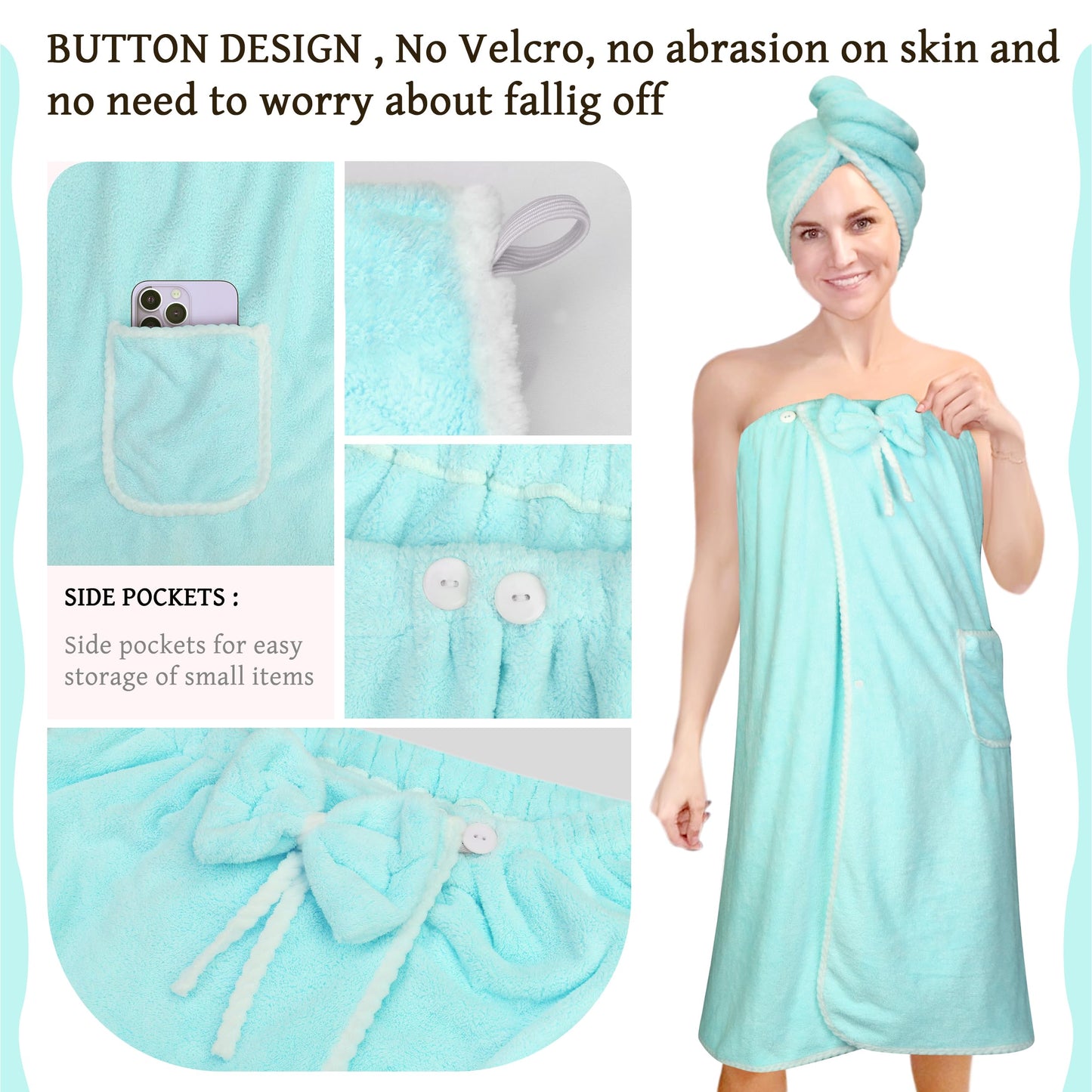 Towel Wrap Women Shower Robe Adjustable Closure Bathrobe with Hair Drying Towel & Spa Wraps