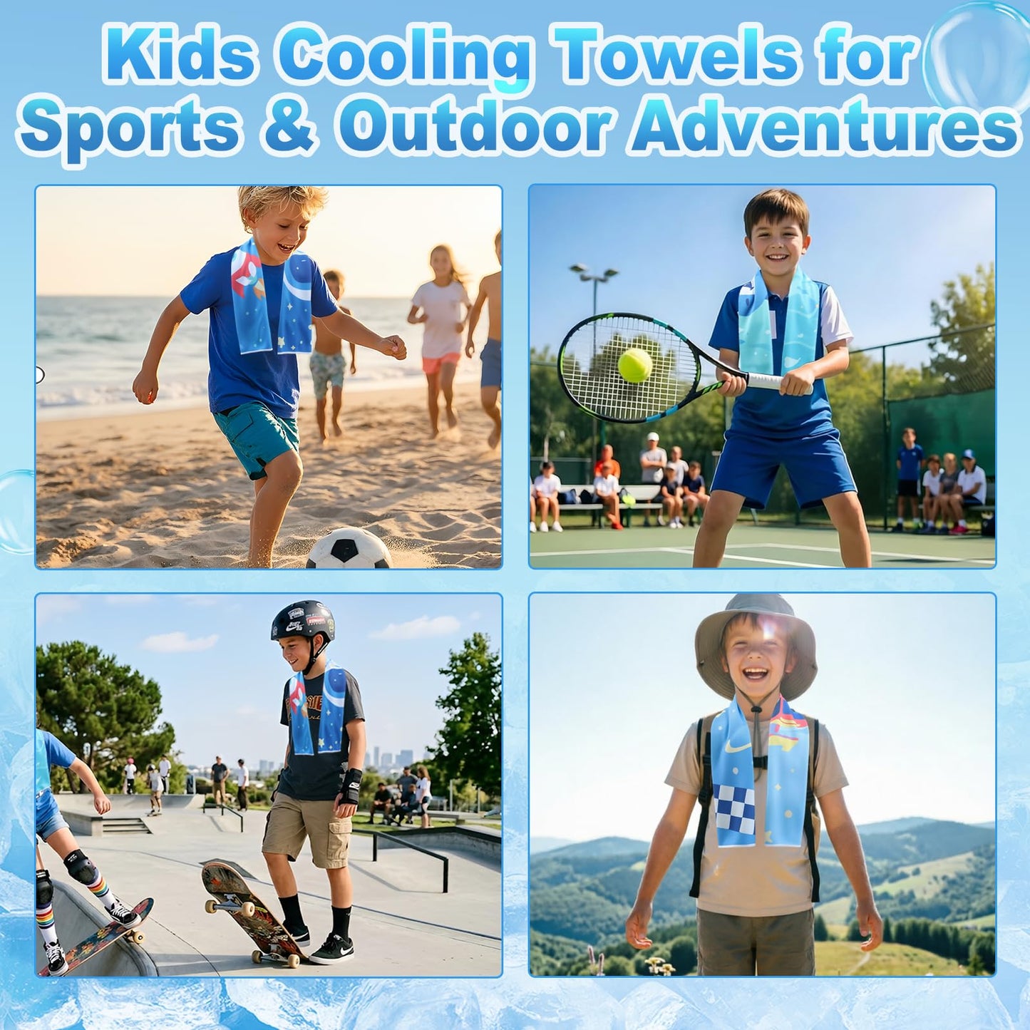 BobbleT 4 Pack Kids Cooling Towels, 30" x 9", Mini Cooling Towels for Neck and Face, Soft Breathable Cooling Neck Wraps for Girls, Ideal for Sports, School, Summer Camp & Outdoor Use