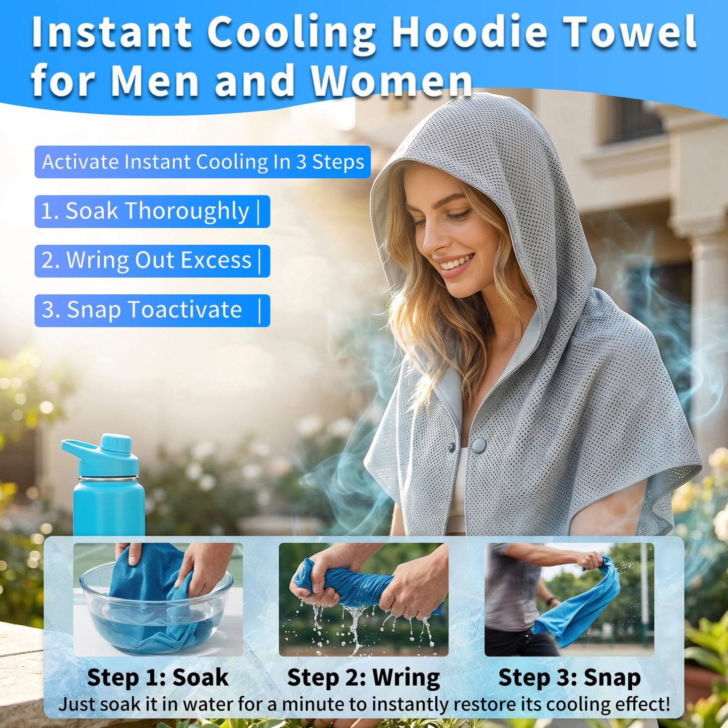 Cooling Hoodie Towels for Men and Women - Double-Layer Breathable PVA Cooling Towels for Neck and Face, Instant Cold Hooded Ice Towel for Sports, Gym, Hiking, Cycling in Hot Weather (Gray)