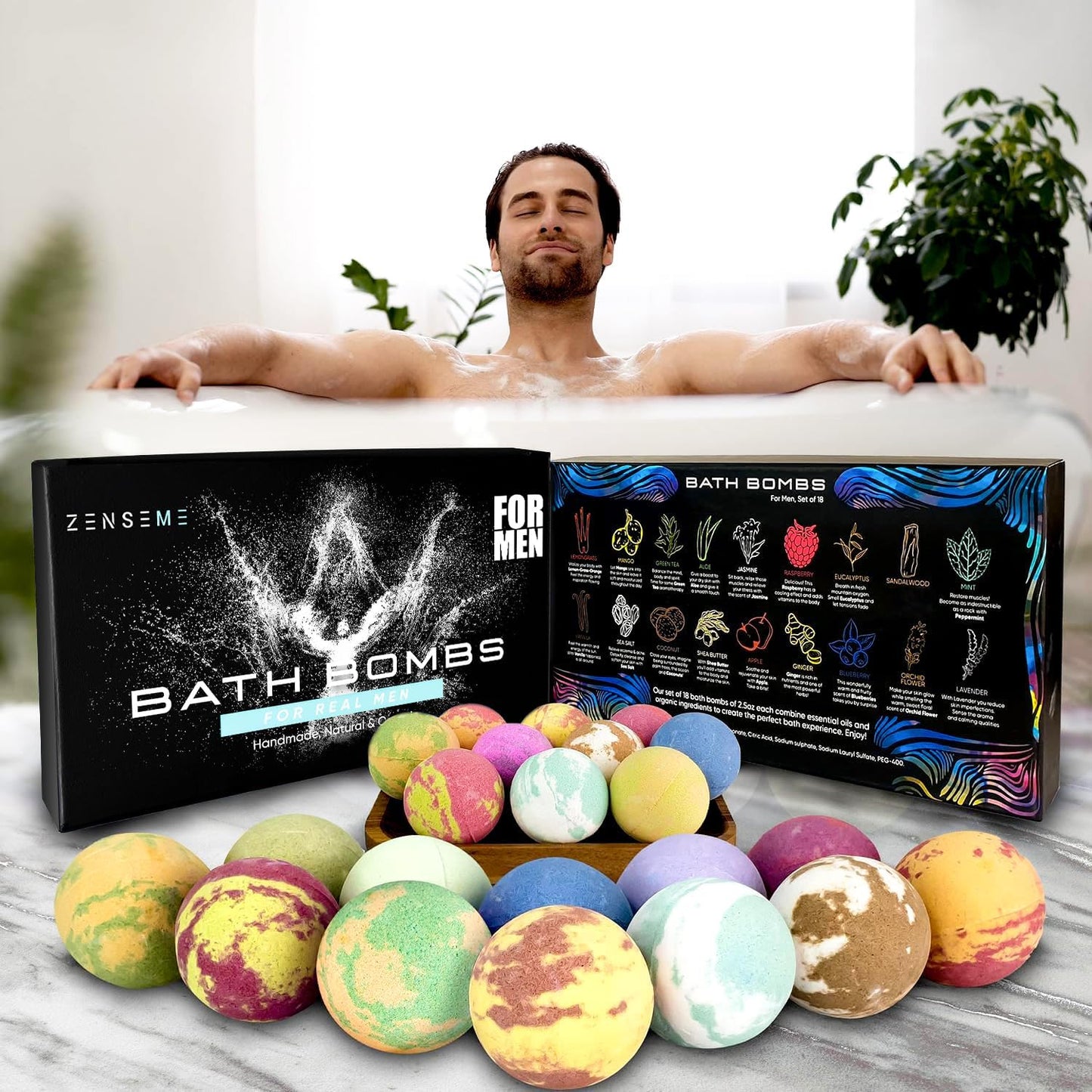 Bath Bombs for Men, Gift Set of 8 Scented Organic Handmade Bath Bombs of 2.5 oz with Natural Essential Oils for Boyfriend, Husband, Father or Friend, by ZenseMe