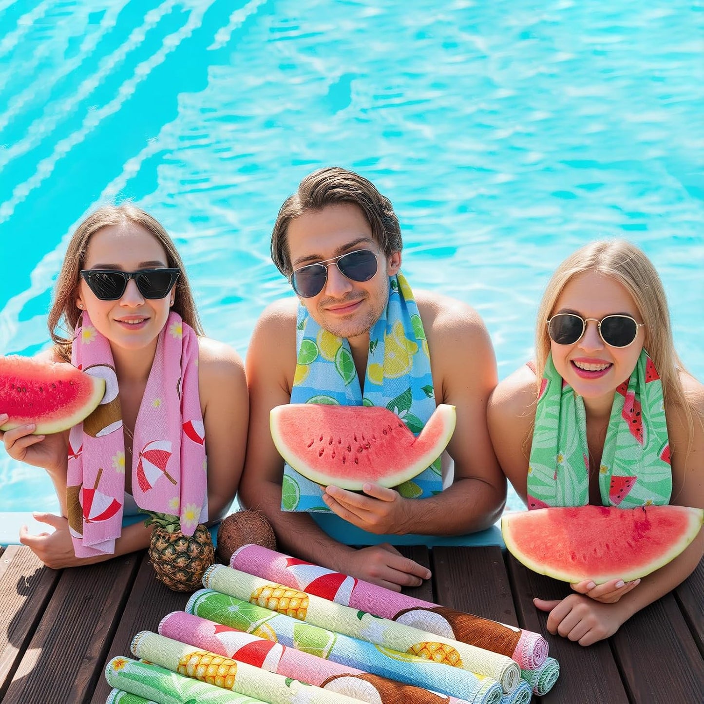 12-Pack Beach Party Theme Cooling Towels - 40"x12" Quick-Dry Microfiber Ice Towels with Tropical Fruit Design Lemon Coconut Watermelon Pineapple Perfect for Pool Gym Sports Summer Events