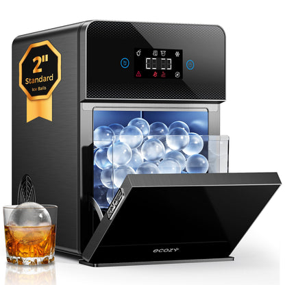 ecozy 2" Clear Ice Ball Maker Countertop with CrystalFlux Technology, 4 pcs in 40 Mins, 144 pcs/Day, Sphere Ice Maker with Automatic Water Supply, Self-Cleaning, Enhanced Insulation for Whiskey Bar