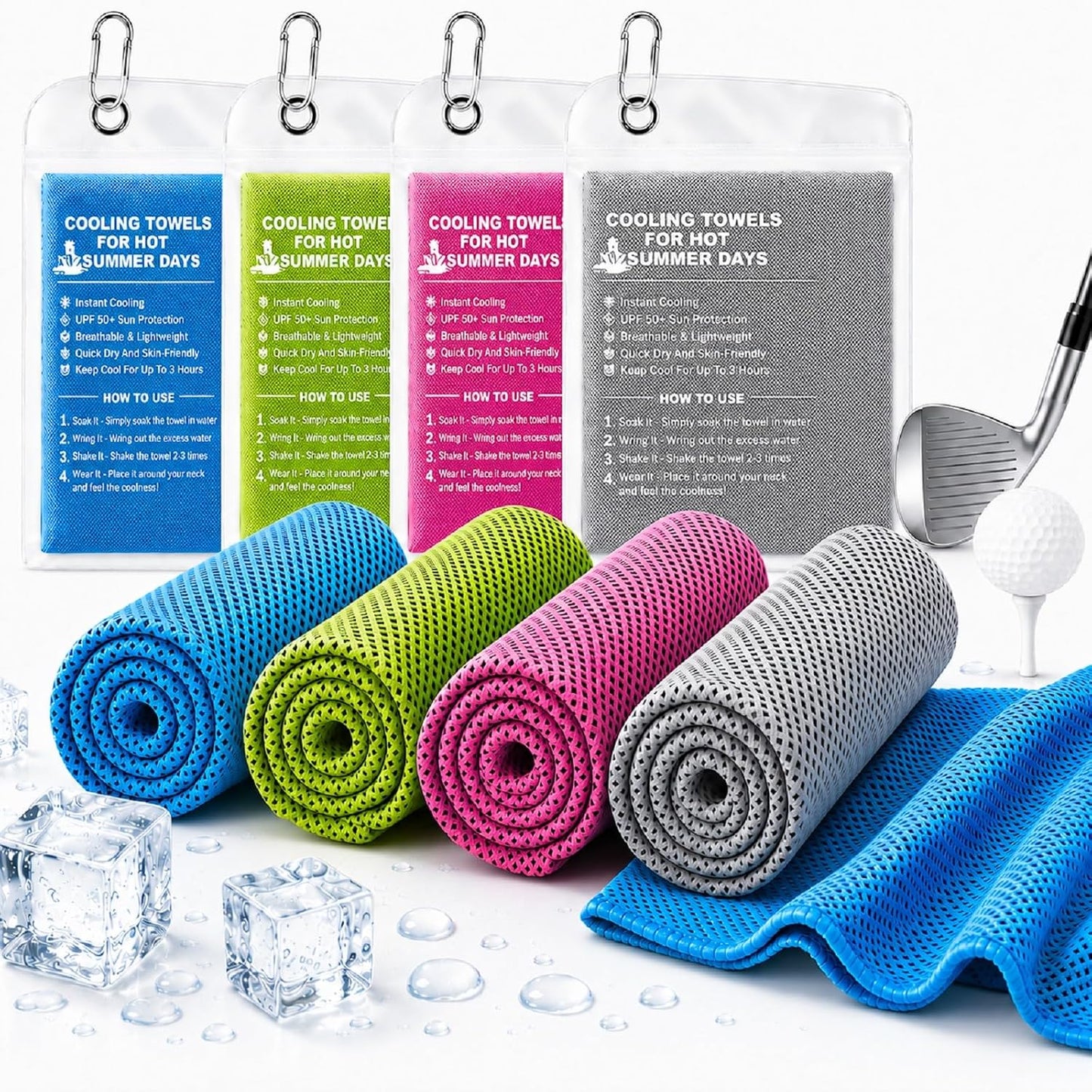 PJT Cooling Towels for Neck and Face, 40" x 12" Ice Silk Microfiber Towels for Hot Weather Outdoor Golf, Instant Cool Touch Breathable Sports Towels for Gym, Running, Yoga, Camping, 4 Pack