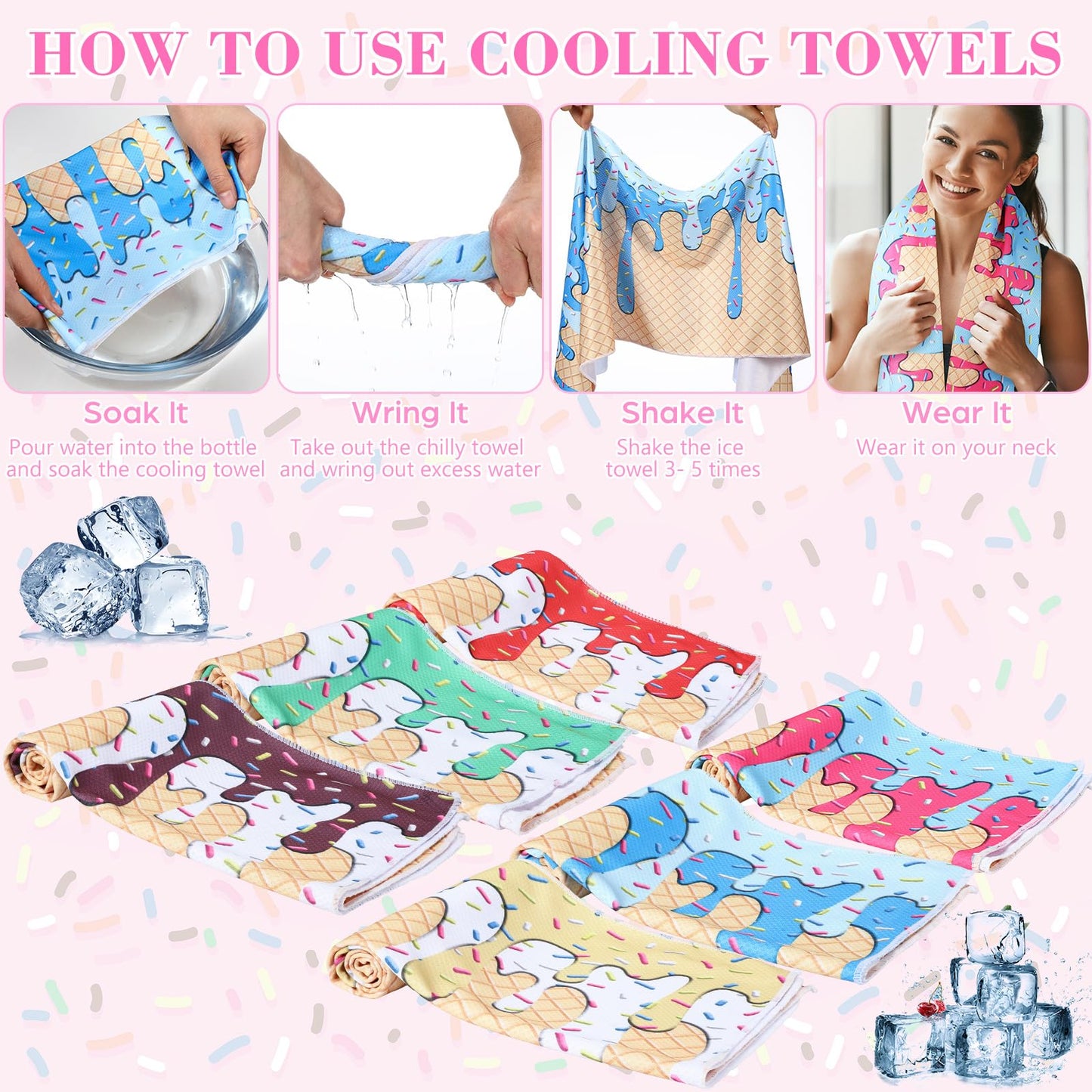 Moukeren 12 Pcs Cooling Towel with Mesh Storage Bag and D Ring Hook, 40" x 12" Soft Breathable Chilly Microfiber Sport Towels for Yoga Running Gym Workout Sport Party Favors Team Gift(Ice Cream Drip)