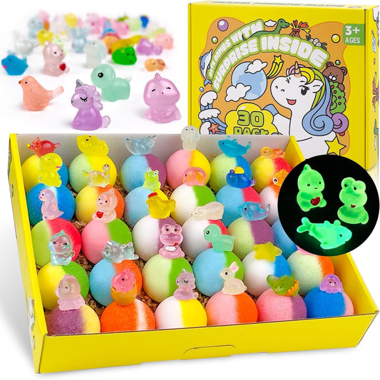 Yekery Bath Bombs for Kids with Toy Inside, 30 PCS Natrual and Organic Bubble Bath Bombs with Glow-in-The-Dark Surprise Inside, Perfect Handmade Birthday, Party, for Boys and Girls.