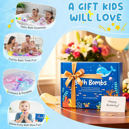 12 PCS Natural Bath Bombs, 2026 Upgrade Play Fizz Bath Bombs Gift Set with 12 Different Fragrances, Ocean Theme Bath Fizzies, Sea Salt Color Changing Spa Easter Bath Balls