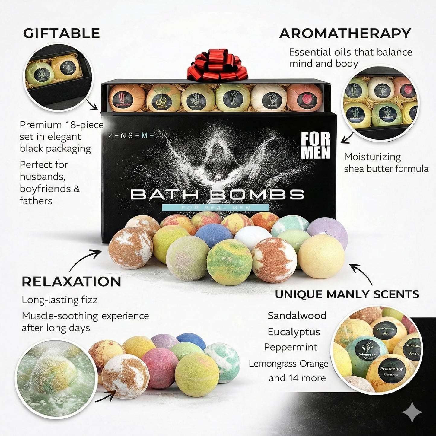 Bath Bombs for Men, Gift Set of 8 Scented Organic Handmade Bath Bombs of 2.5 oz with Natural Essential Oils for Boyfriend, Husband, Father or Friend, by ZenseMe