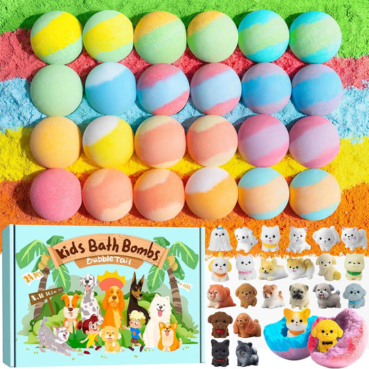 24 Pack Puppy Bath Bombs for Kids - Each with Surprise Dog Figurine Inside, 15 Scents, Bath Bombs with Toys, Skin-Friendly, Birthday Party Favors & Stocking Stuffers for Boys & Girls