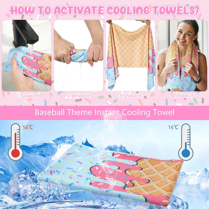 Tegeme 12 Pcs Ice Cream Drip Baseball Cooling Towels, 47"x12" Team Gifts Breathable Chilly Ice Towel, Microfiber Sport Cooling Rags Accessories for Player Gym Running Coach Gift