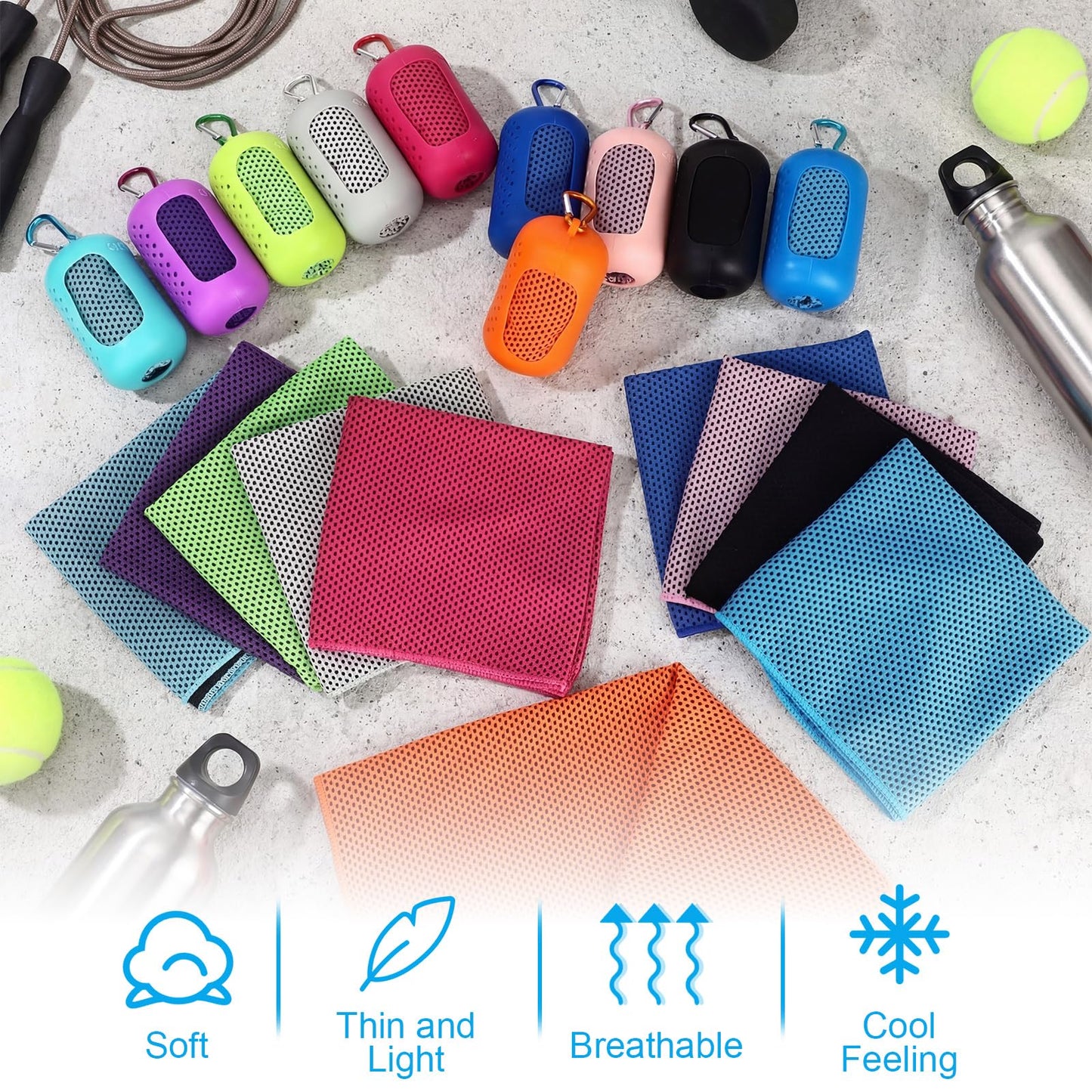 Peryiter 20 Pack Cooling Towels with Silicone Carry Cases Cooling Towels Bulk for Neck and Face Hot Weather Ice Towel Quick Drying Sweat for Sports Yoga Gym Running Fitness 10 Colors 35 x 12 Inches