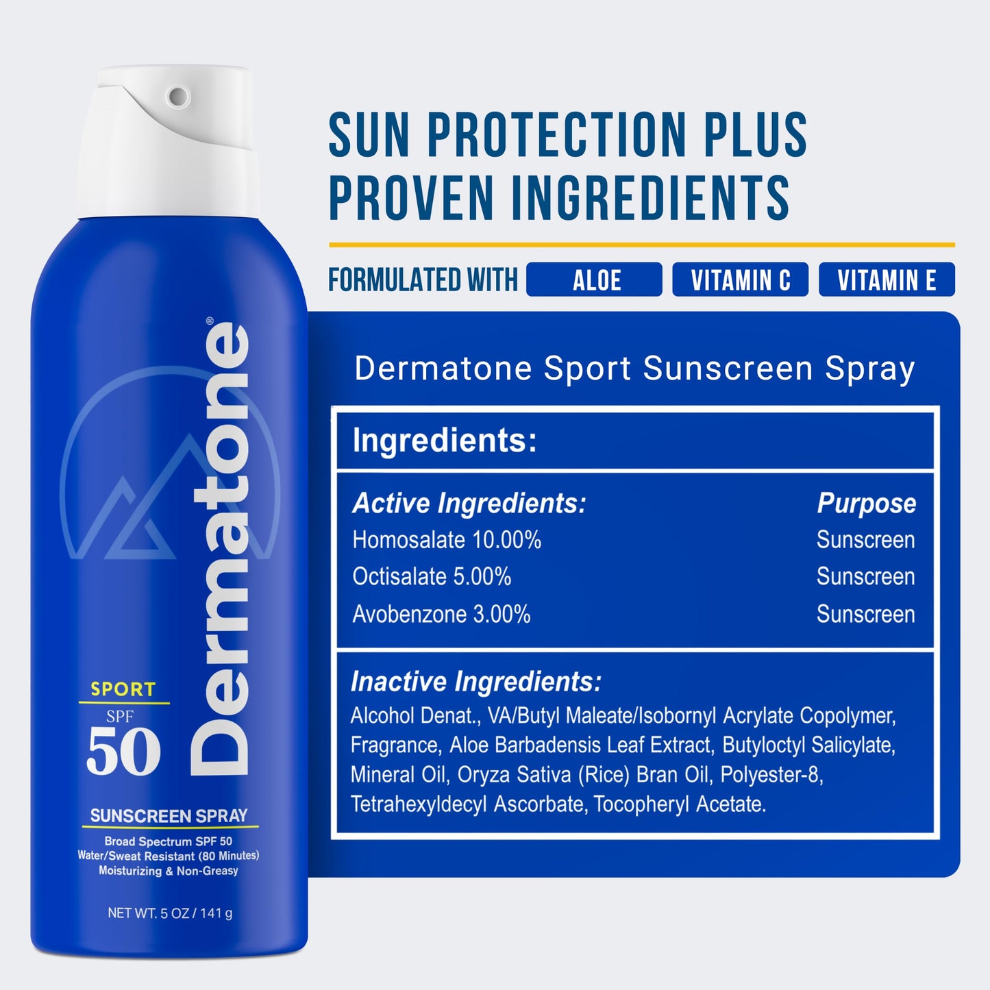 Dermatone Sport Sunscreen Spray SPF 50 | Broad Spectrum, Moisturizing, Water-Resistant | With Vitamin C, Aloe & Vitamin E | Oxybenzone & Octinoxate Free - Hawaii Act 104 Compliant | 5oz