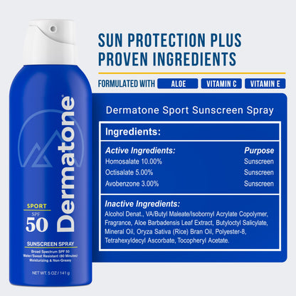 Dermatone Sport Sunscreen Spray SPF 50 | Broad Spectrum, Moisturizing, Water-Resistant | With Vitamin C, Aloe & Vitamin E | Oxybenzone & Octinoxate Free - Hawaii Act 104 Compliant | 5oz