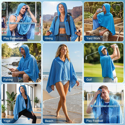 Cooling Hooded Beach Towel Cloak for Men Women -UPF 50+ Sun Proteciton Double Layer PVA Fabric Sweat-Absorbent Cool Towel Cape, Instant Cooling Soft Ice Towelfor Beach Yoga Camping (Blue)