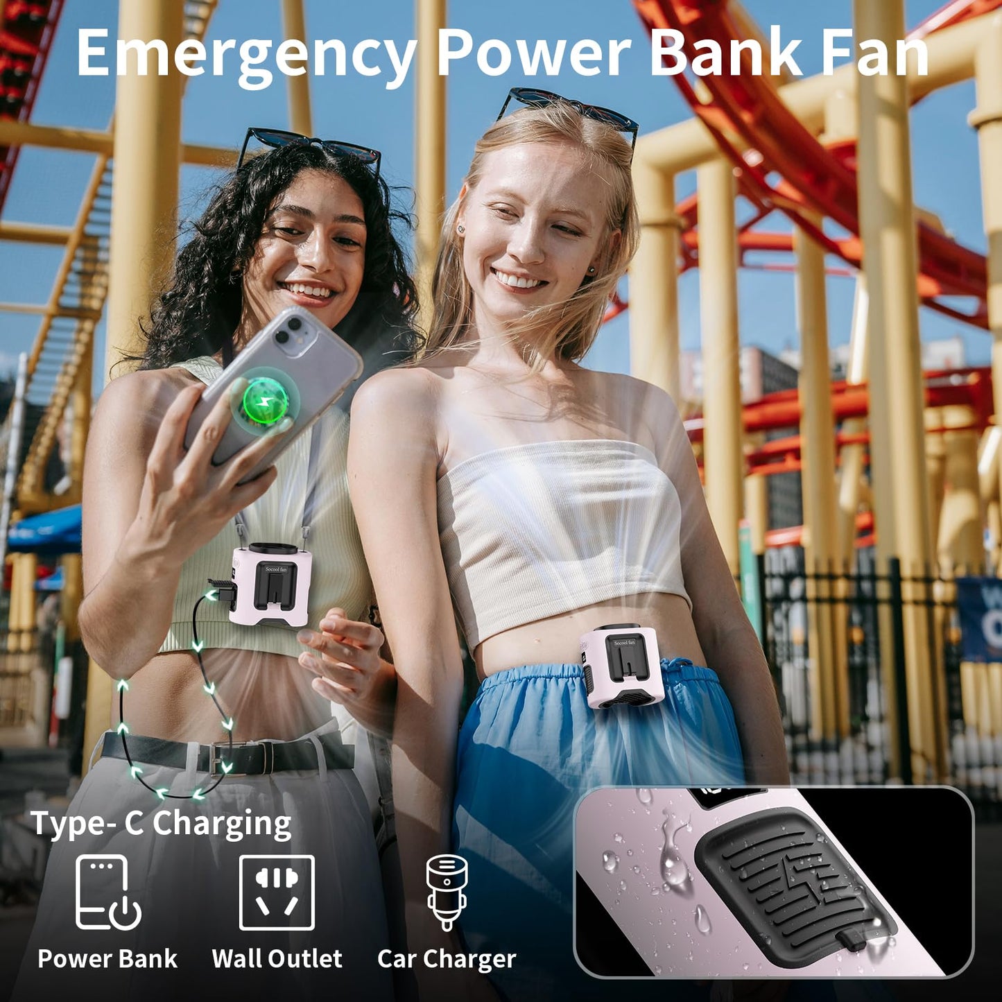 Socool 10000mAh Portable Waist Fan Clip on Wearable Belt Personal Fan Rechargeable Battery operated With 5 Speeds & Flashlight Neck Hands-Free 40H Cooling For Outdoor Camping Travel (Black)