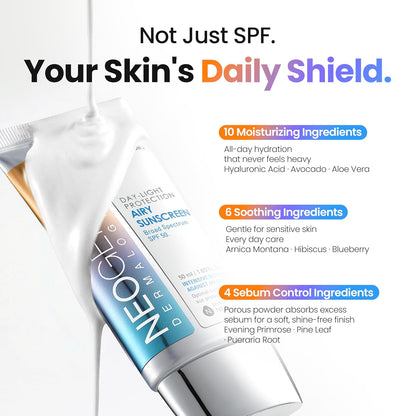 Neogen Day-Light Protection Airy Sunscreen SPF 50, 1.69 fl oz | Broad-spectrum UVA/UVB with hyaluronic acid and oil control; non-greasy, semi-matte finish for oily, combination skin