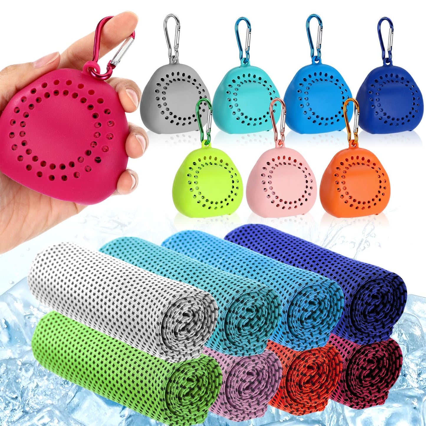 Peryiter 20 Pack Cooling Towels with Silicone Carry Cases Cooling Towels Bulk for Neck and Face Hot Weather Ice Towel Quick Drying Sweat for Sports Yoga Gym Running Fitness 10 Colors 35 x 12 Inches