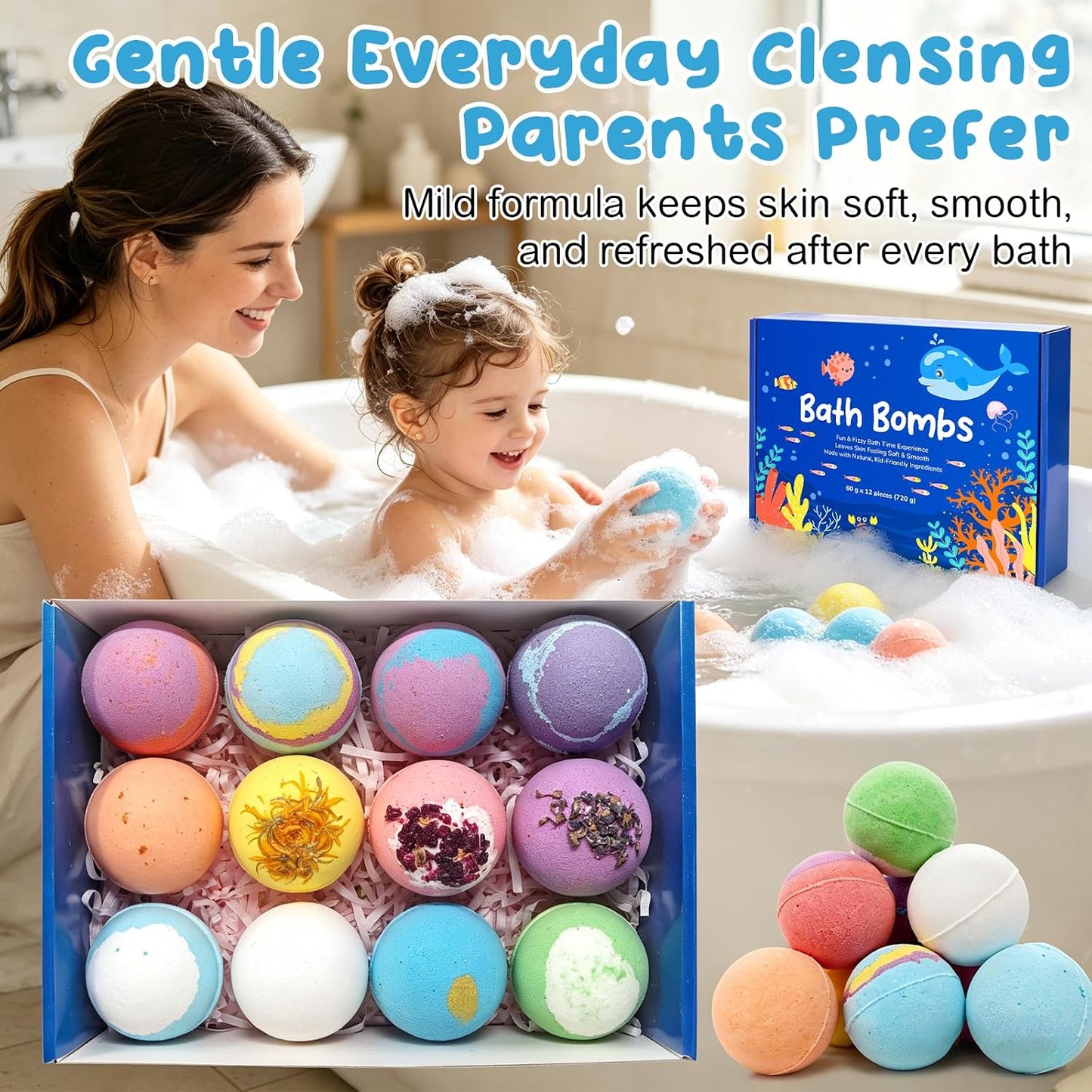12 PCS Natural Bath Bombs, 2026 Upgrade Play Fizz Bath Bombs Gift Set with 12 Different Fragrances, Ocean Theme Bath Fizzies, Sea Salt Color Changing Spa Easter Bath Balls