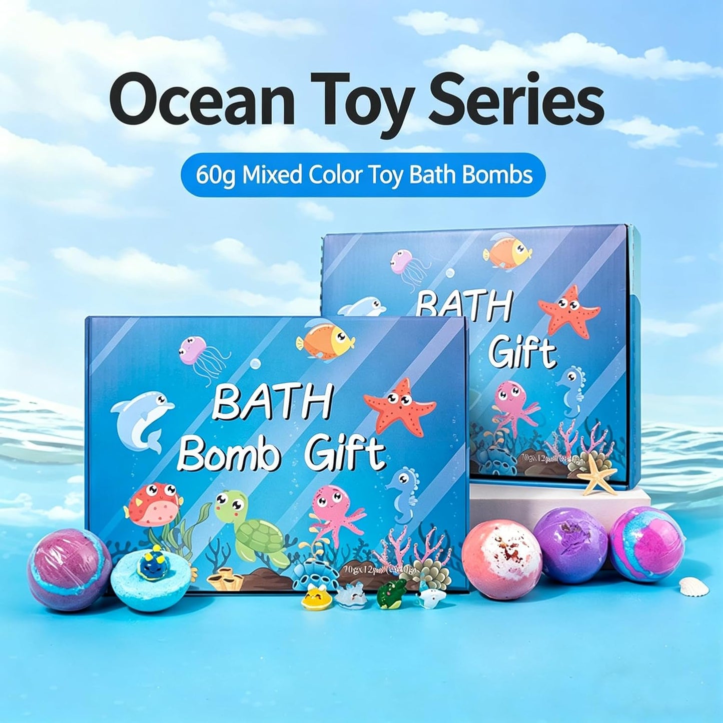 Ocean Toy Bath Salt Ball Sleeve Box Bath Bombs,Bath Bombs with Surprise Inside,Gift Set with 12 Sea Animal Toys,Fun,Educational,and Safe Natural Bath Bubble with Toys,Great Gift for Kids’Birthdays