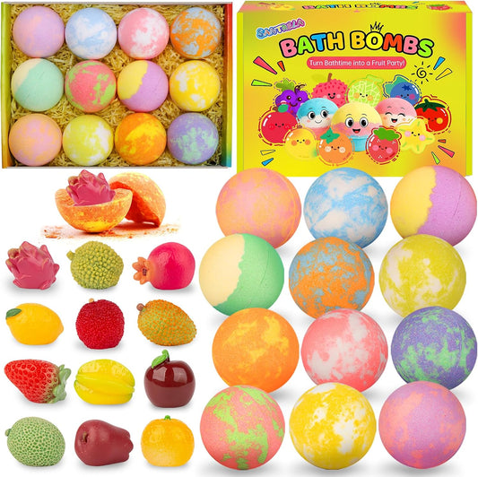 Bath Bombs for Kids with Toys Inside, 12 Pack Kids Bath Bombs with Fruit Food Toys, Surprise Colorful Bubble Spa Fizzies Ball with Bath Toys, Christmas Birthday Gifts for Girls & Boys